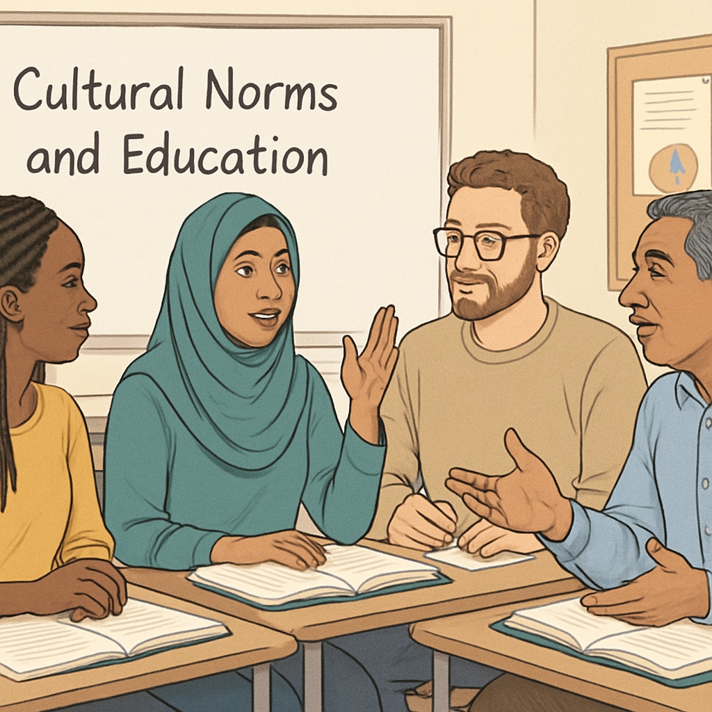 Adult students discussing cultural norms in a classroom setting.