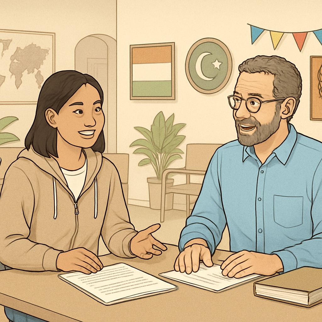 Mentor guiding an international student in cultural adaptation.