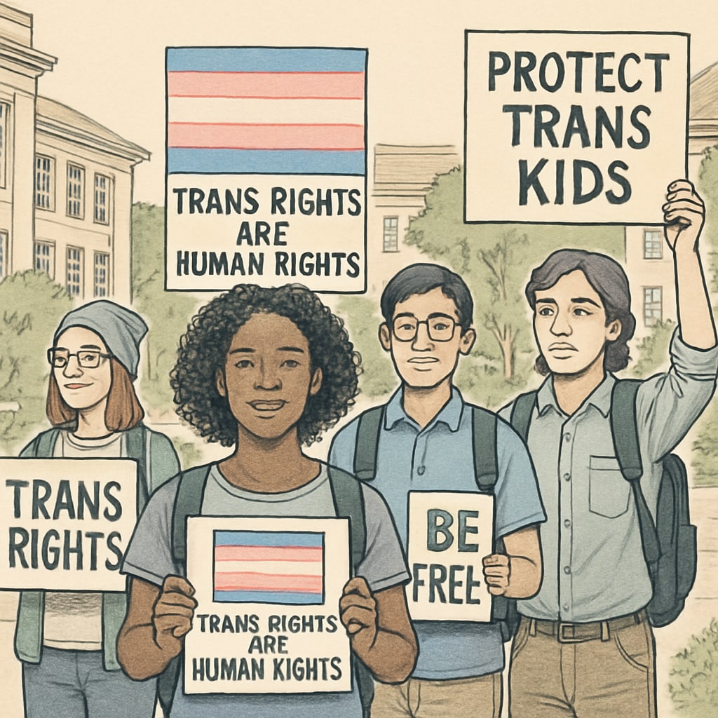 Students holding signs advocating for transgender rights at Brown University following a gender policy change.