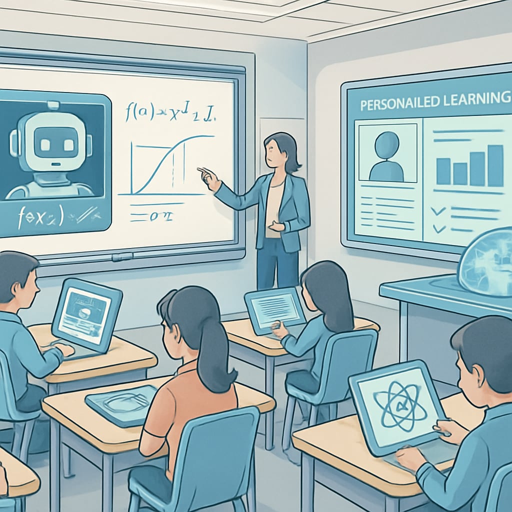 AI-driven classroom with digital tools and personalized learning platforms.