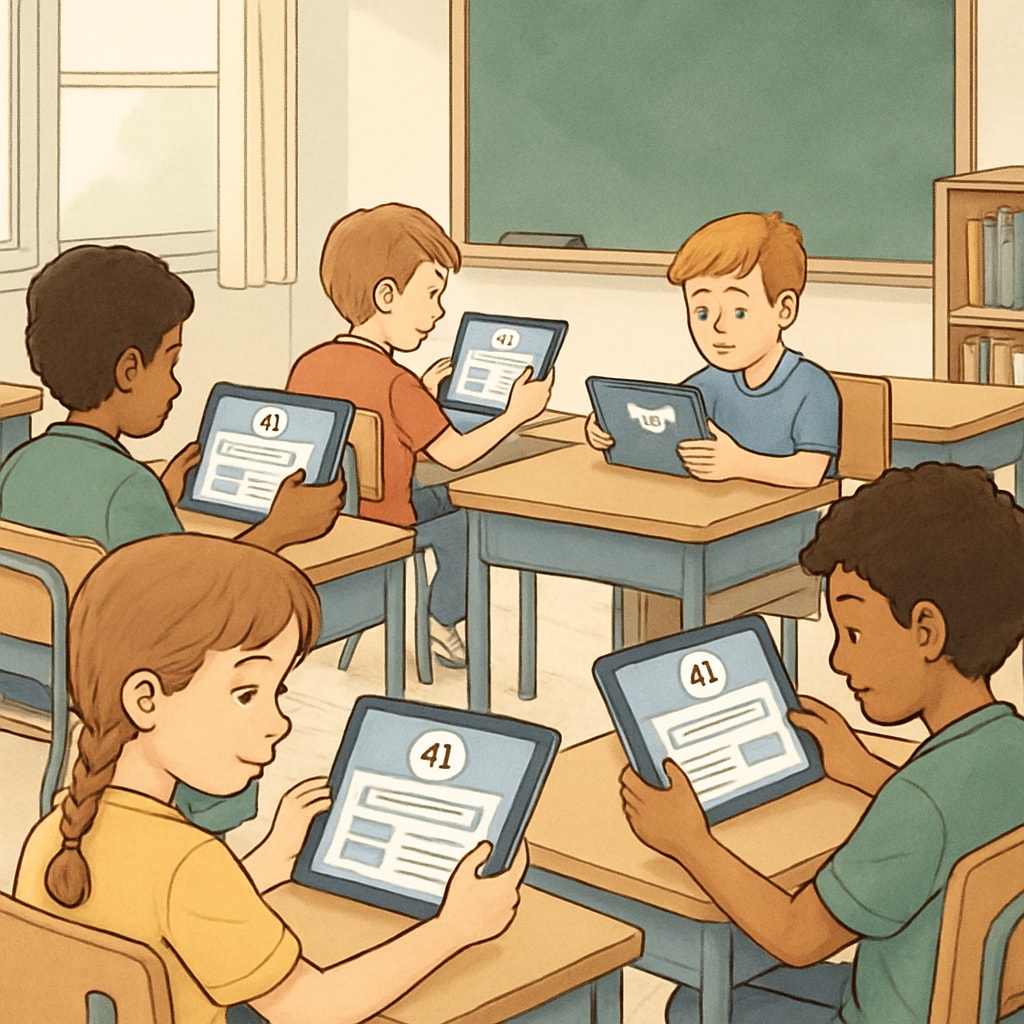 Students using AI-enabled tablets for personalized learning in a classroom.