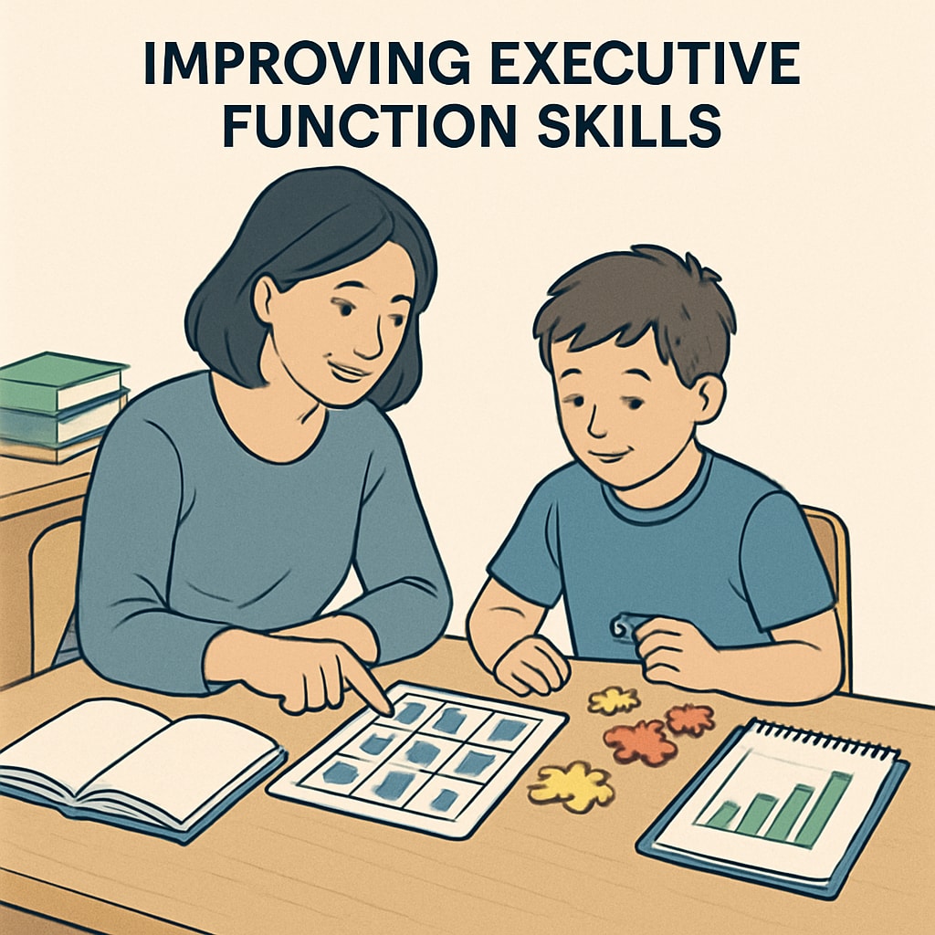 A parent engaging with their child in a structured activity aimed at improving executive function skills. Parent and child working on executive function strategies for ADHD and autism.