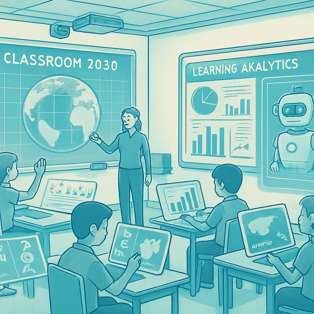 AI-powered 2030 classroom with holographic screens and advanced learning systems.