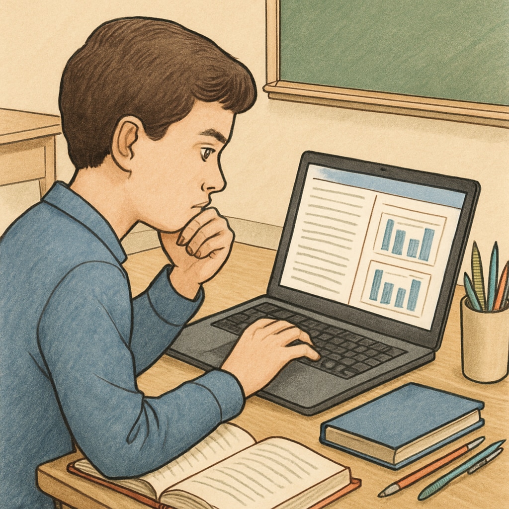 A student critically analyzing data on a Chromebook screen in an educational context.