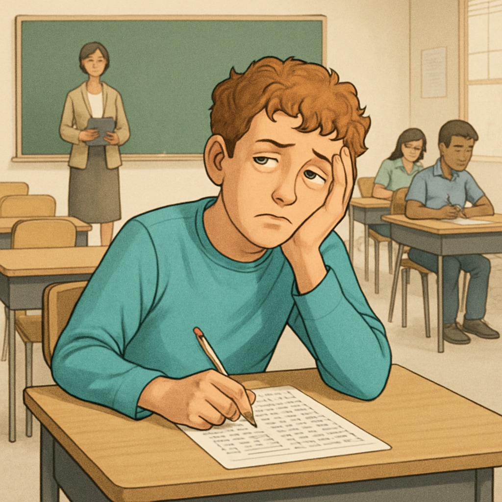 ADHD student appearing distracted during a standardized test in a classroom.