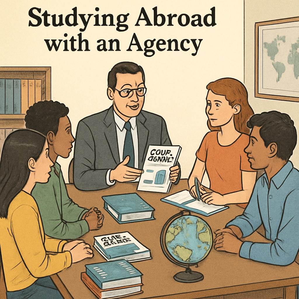 Group of students discussing study abroad options for master’s programs in the U.S.