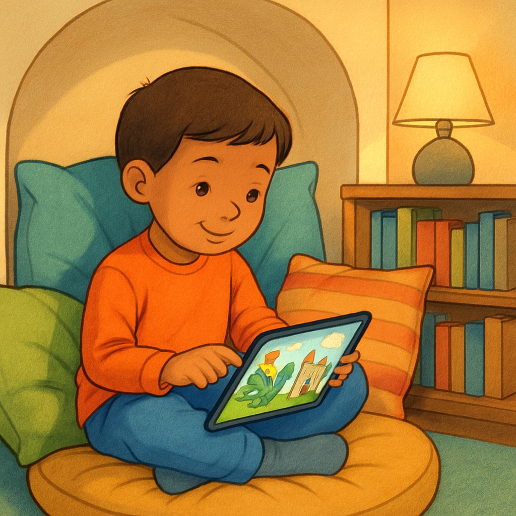 Child reading a storybook app on a tablet in a cozy setting.