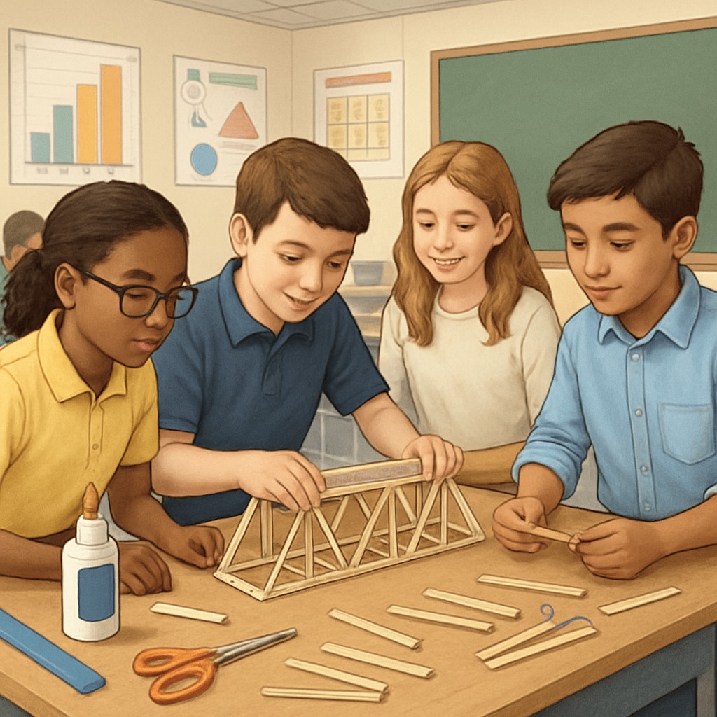Students working on a hands-on STEM project in a classroom, building a bridge model.