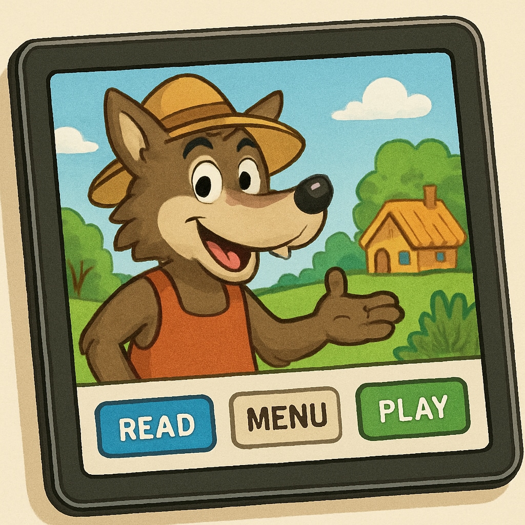 Tablet screen showing an interactive storybook app with animated features.