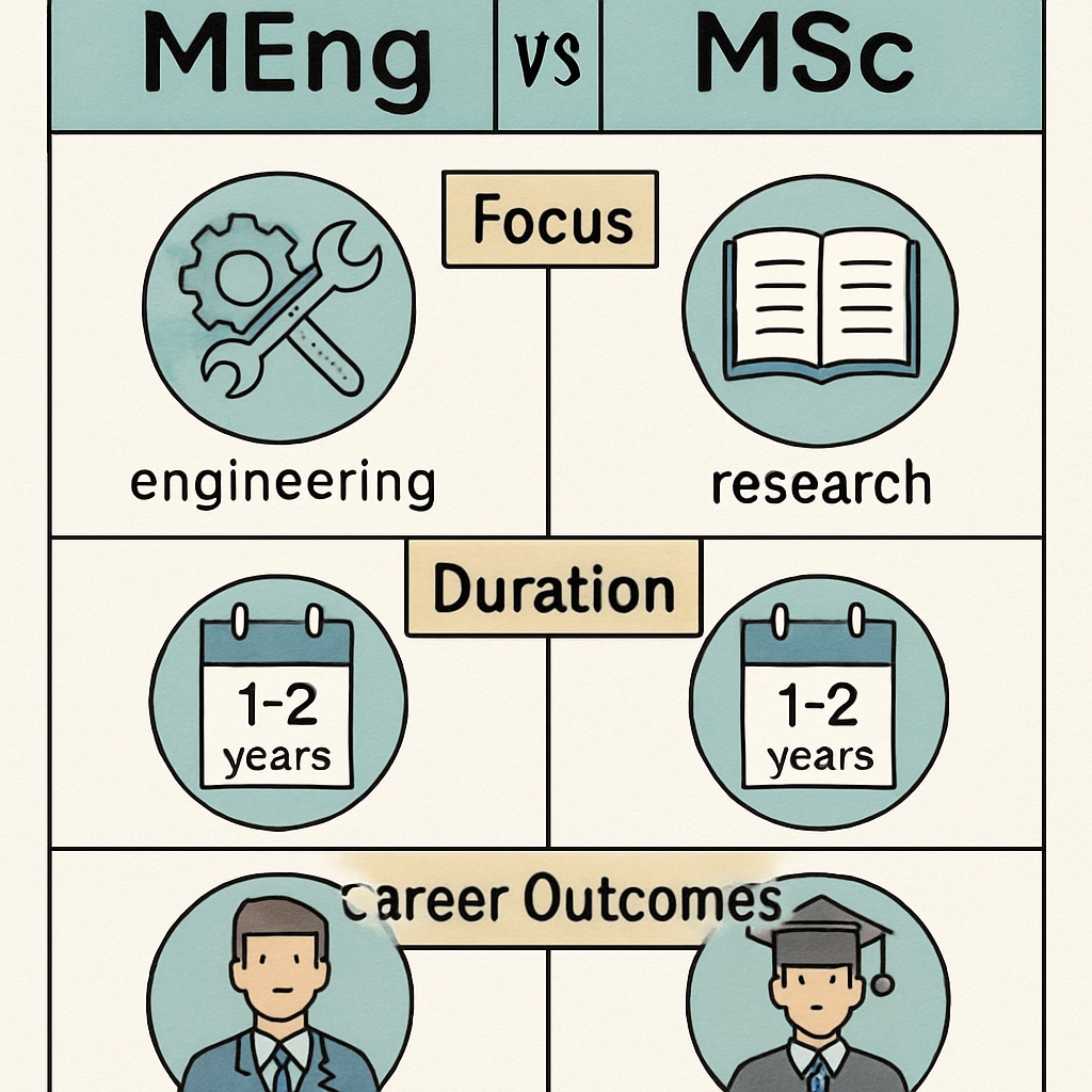 Comparison chart of MEng and MSc degree differences in focus, duration, and career outcomes.