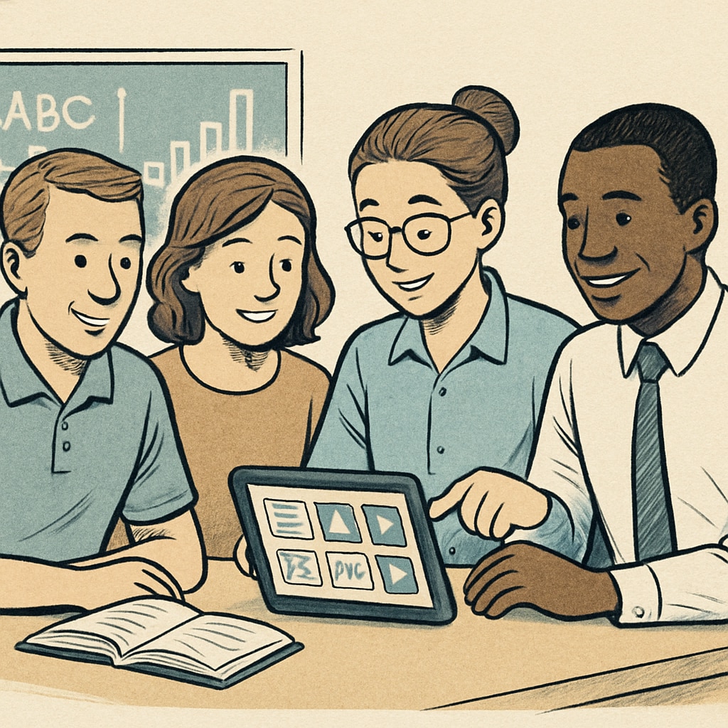 A group of parents and teachers reviewing an app on a tablet, symbolizing collaboration in technology development. Parents and teachers testing a children's reading app on a tablet.