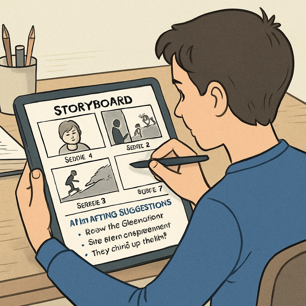 Student using AI tools to create a storyboard for visual storytelling.