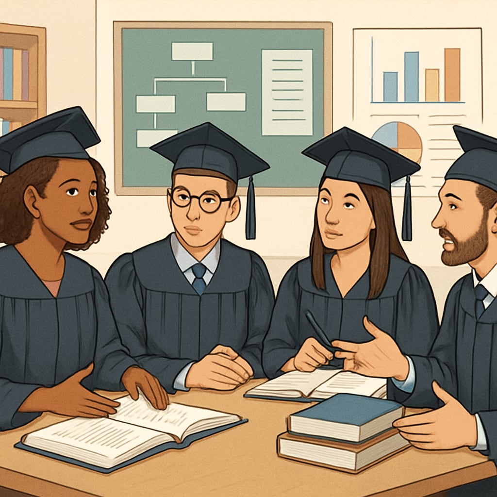 Graduate students collaborating on teaching strategies, related to U.S. master’s degree programs