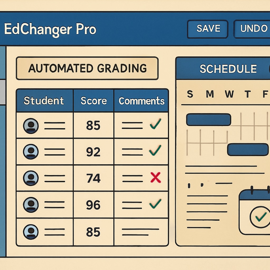 EdChanger Pro interface demonstrating teaching efficiency features like grading and scheduling.