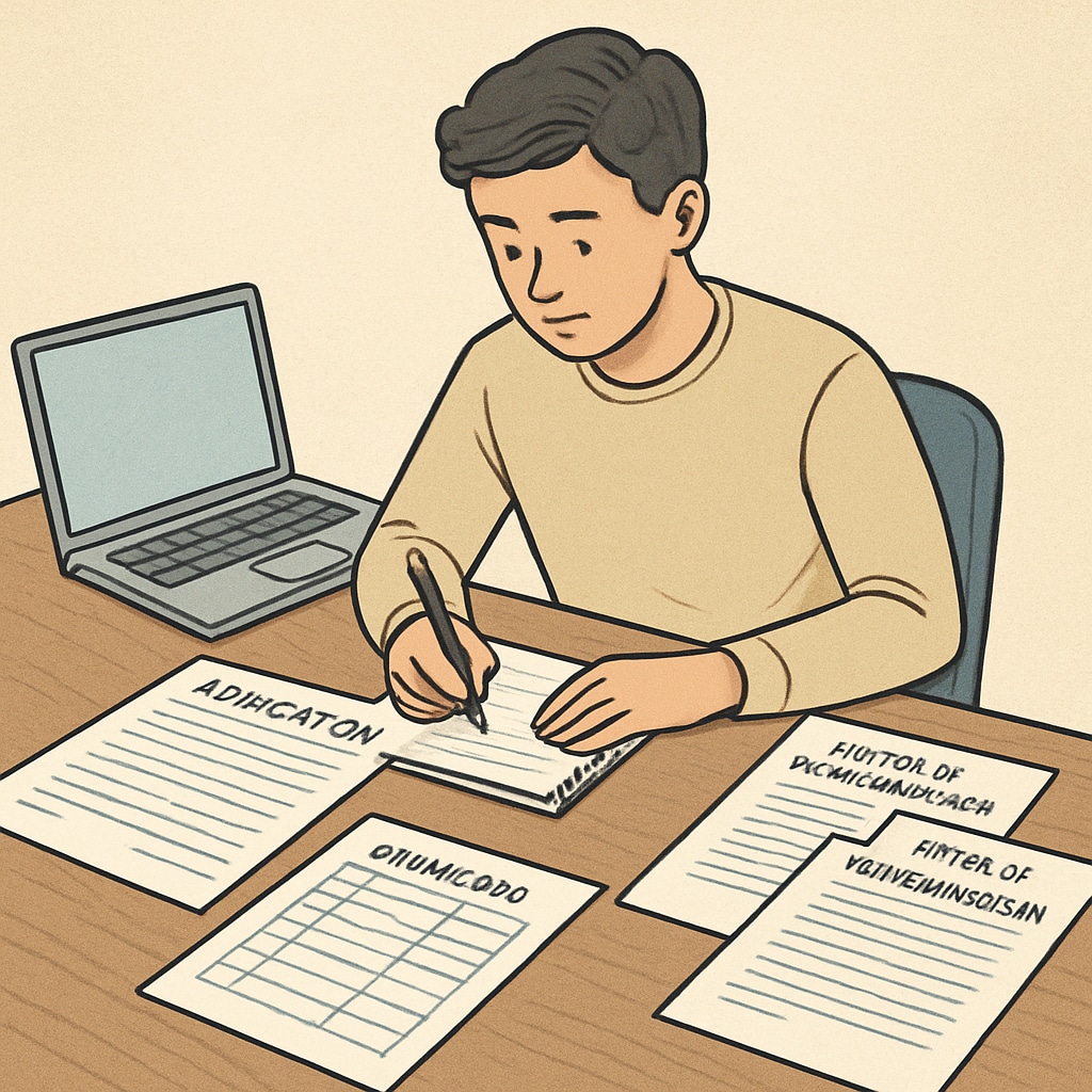 Student preparing U.S. Master's application documents with a laptop and notepad.