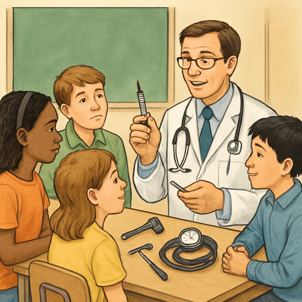 Students interacting with a doctor during a school project about medical careers.