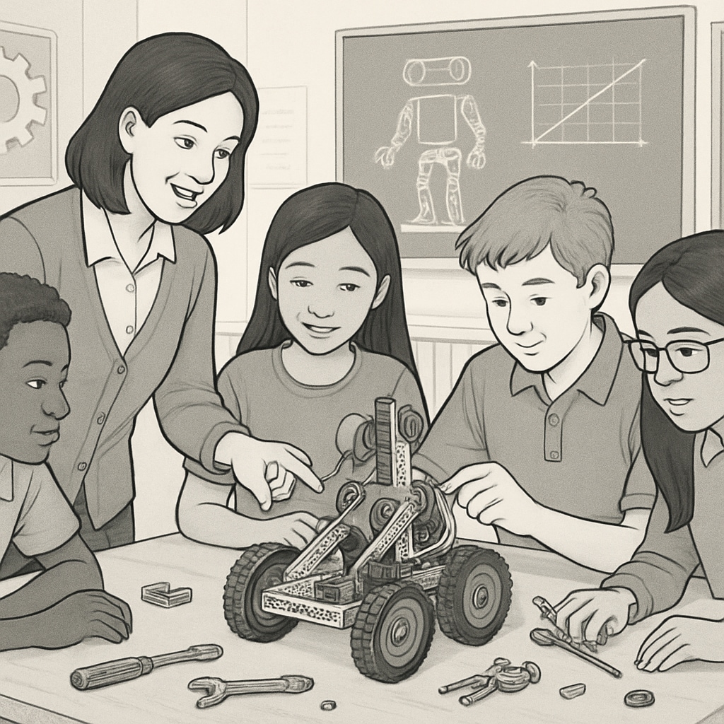 A teacher overseeing a robotics project in an integrated technical and academic class