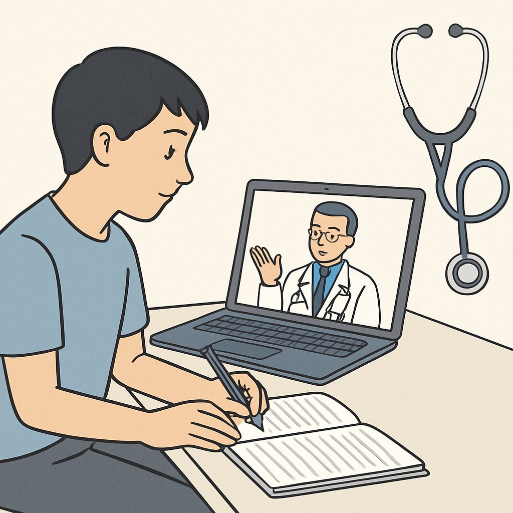 Student taking notes during a virtual career advice session with a doctor.