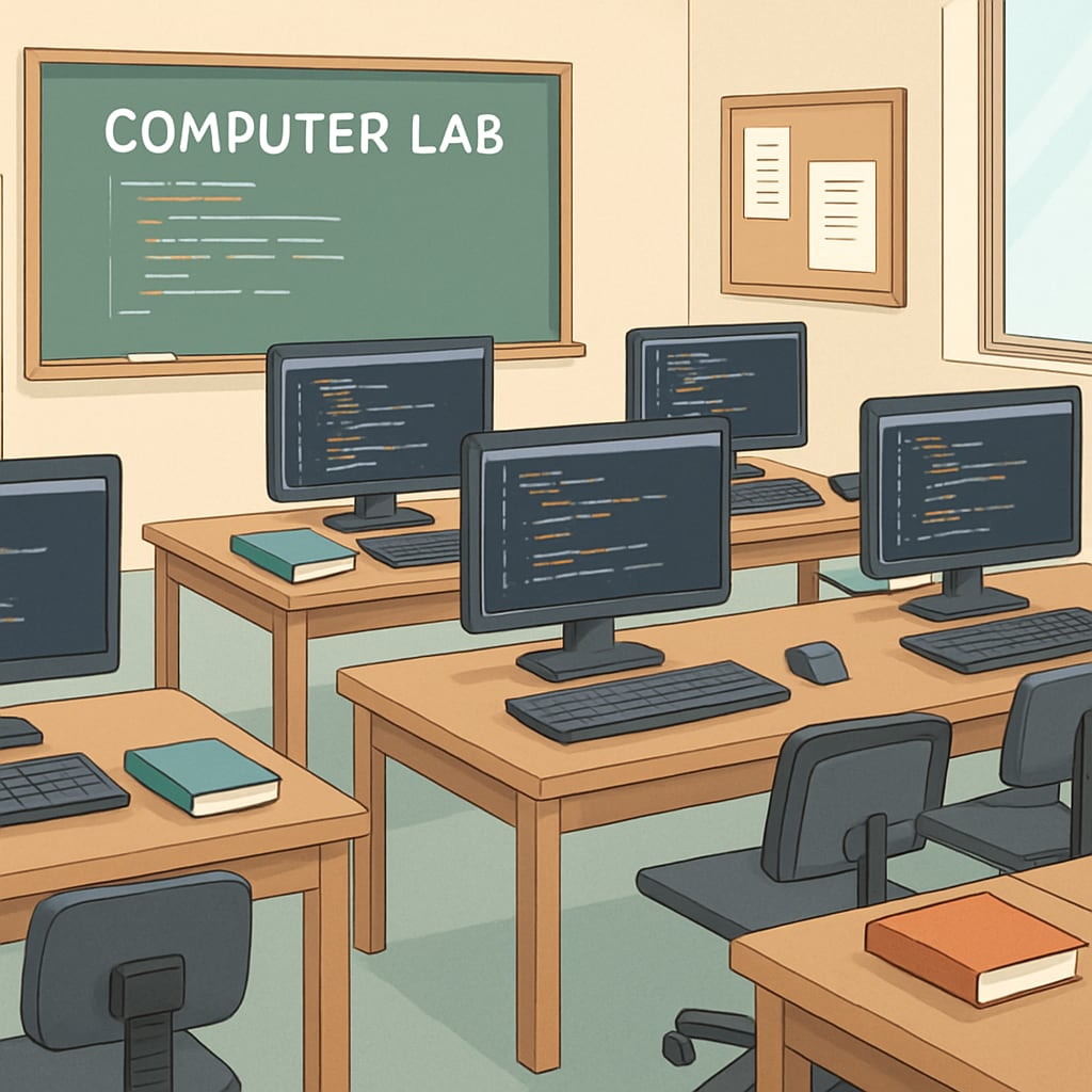 Shared resources for Career Technical Education and traditional academics in a school computer lab.