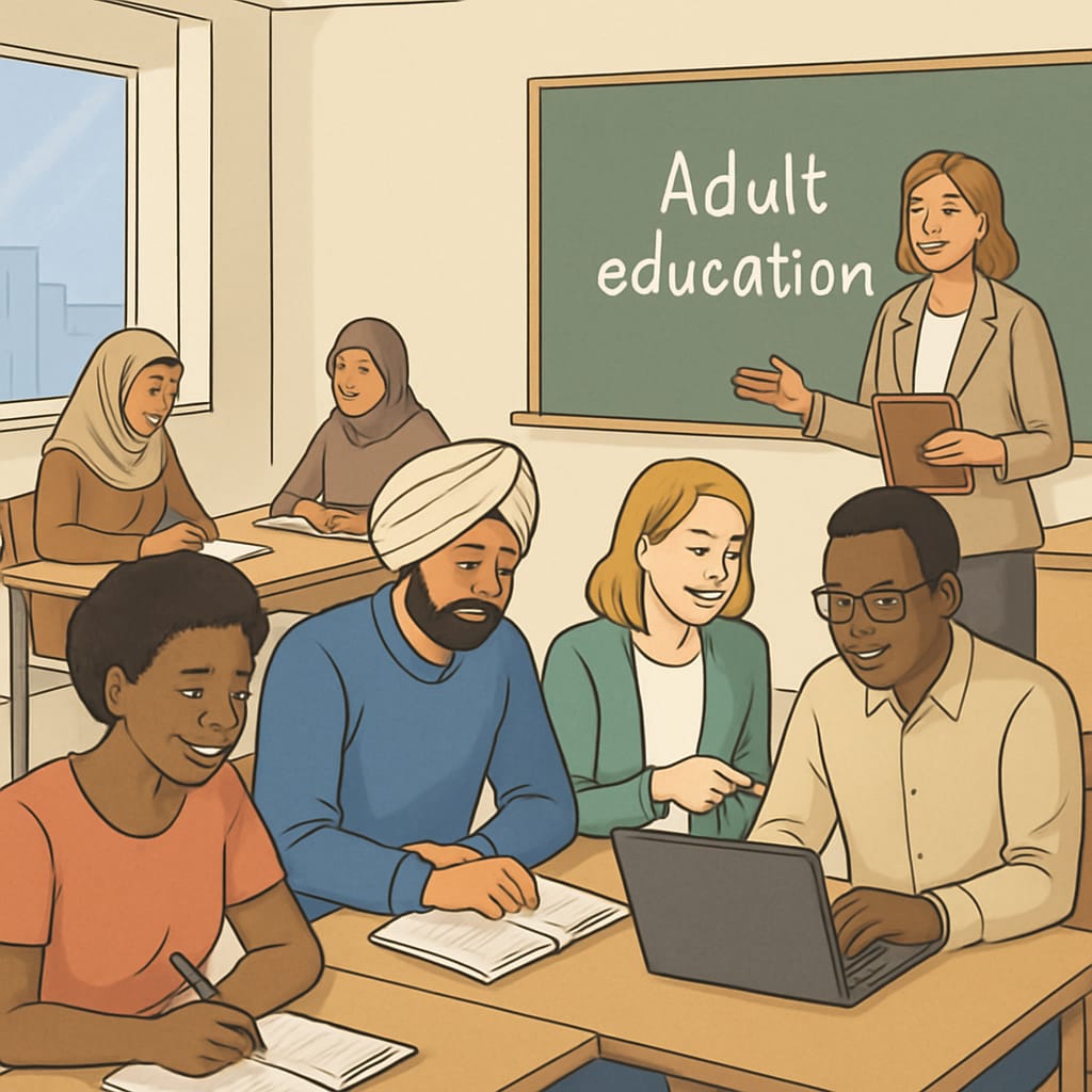 Adult education, cultural adaptation, foundational knowledge classroom scene