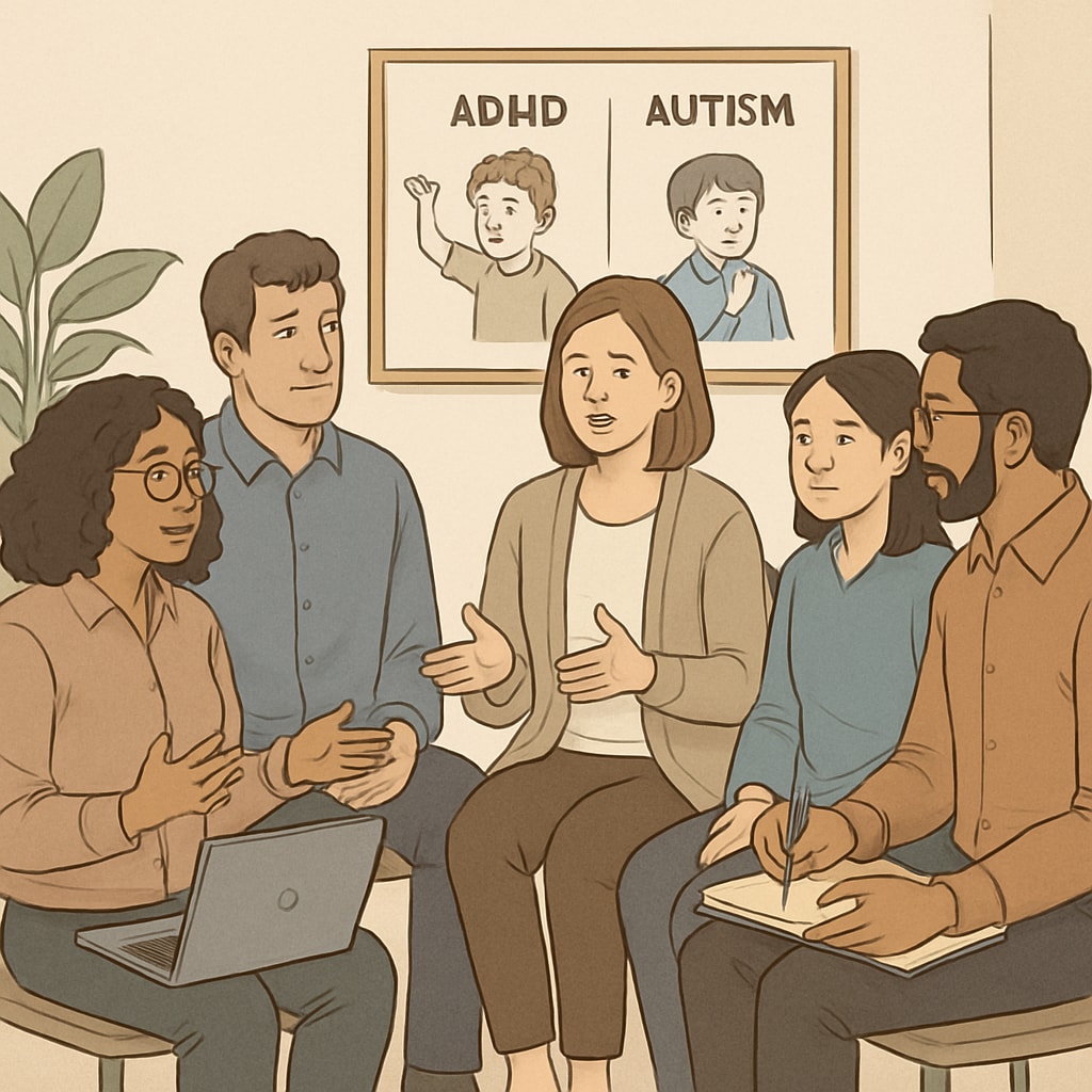 Parents sharing experiences in a virtual support group focused on ADHD and autism parenting strategies.