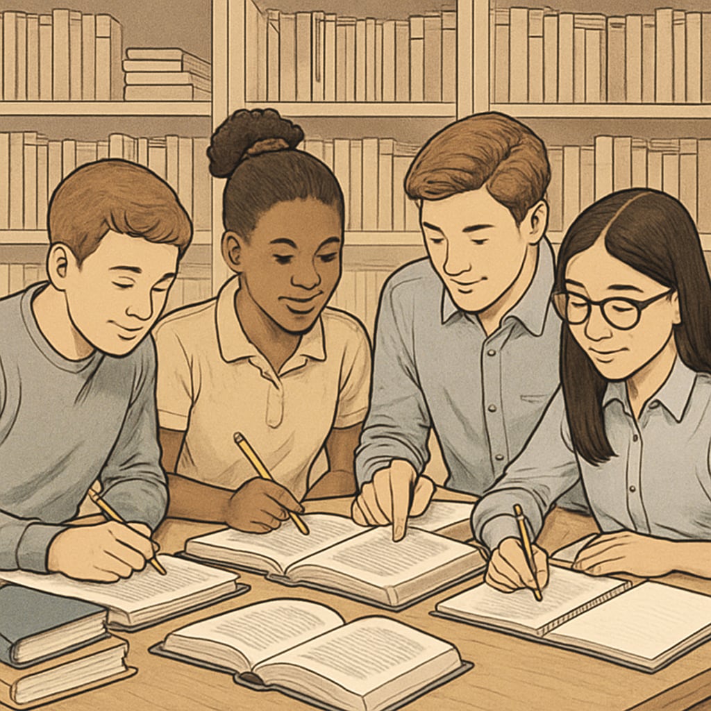 Students collaborating in a library to support each other academically.