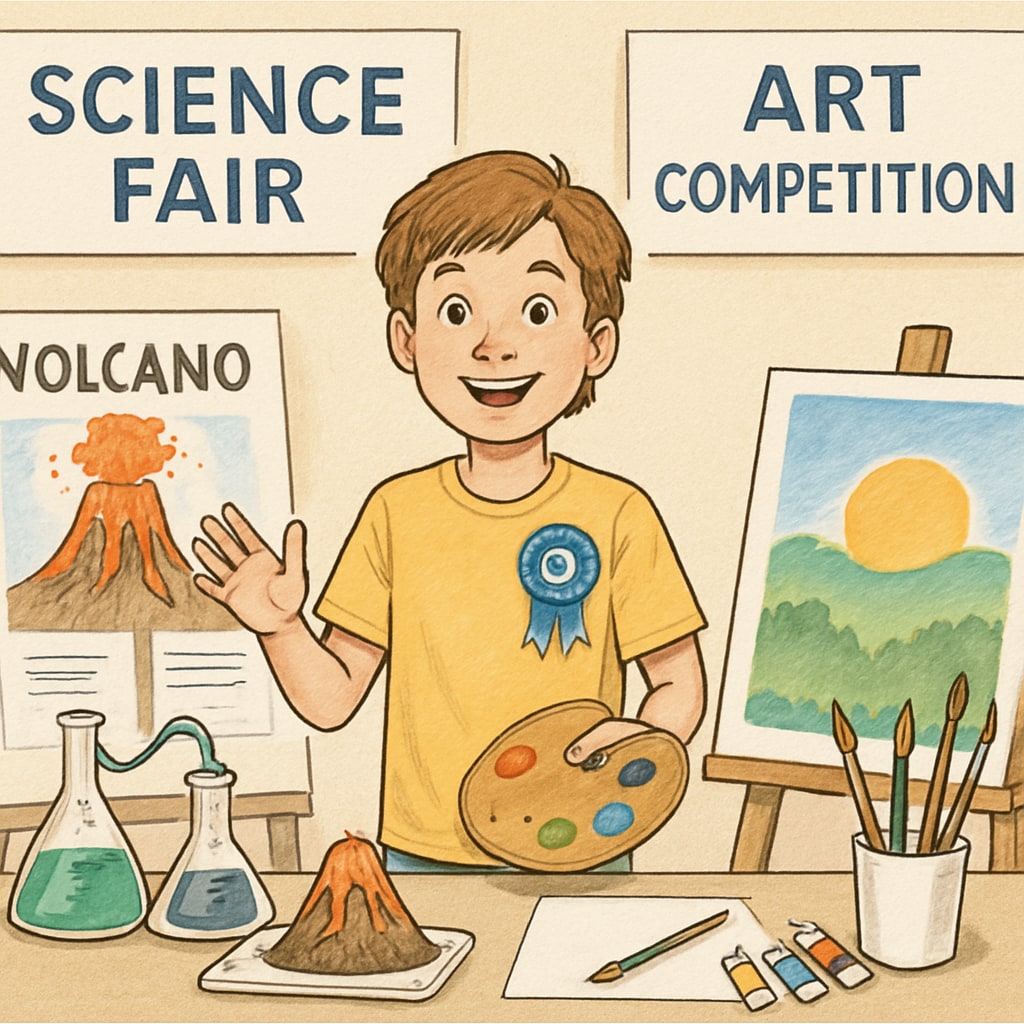 A gifted child presenting a science fair project or artwork.