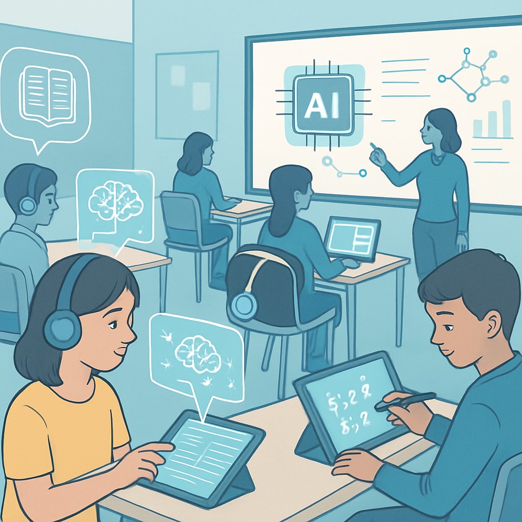 Students in a futuristic classroom using AI devices for personalized education.