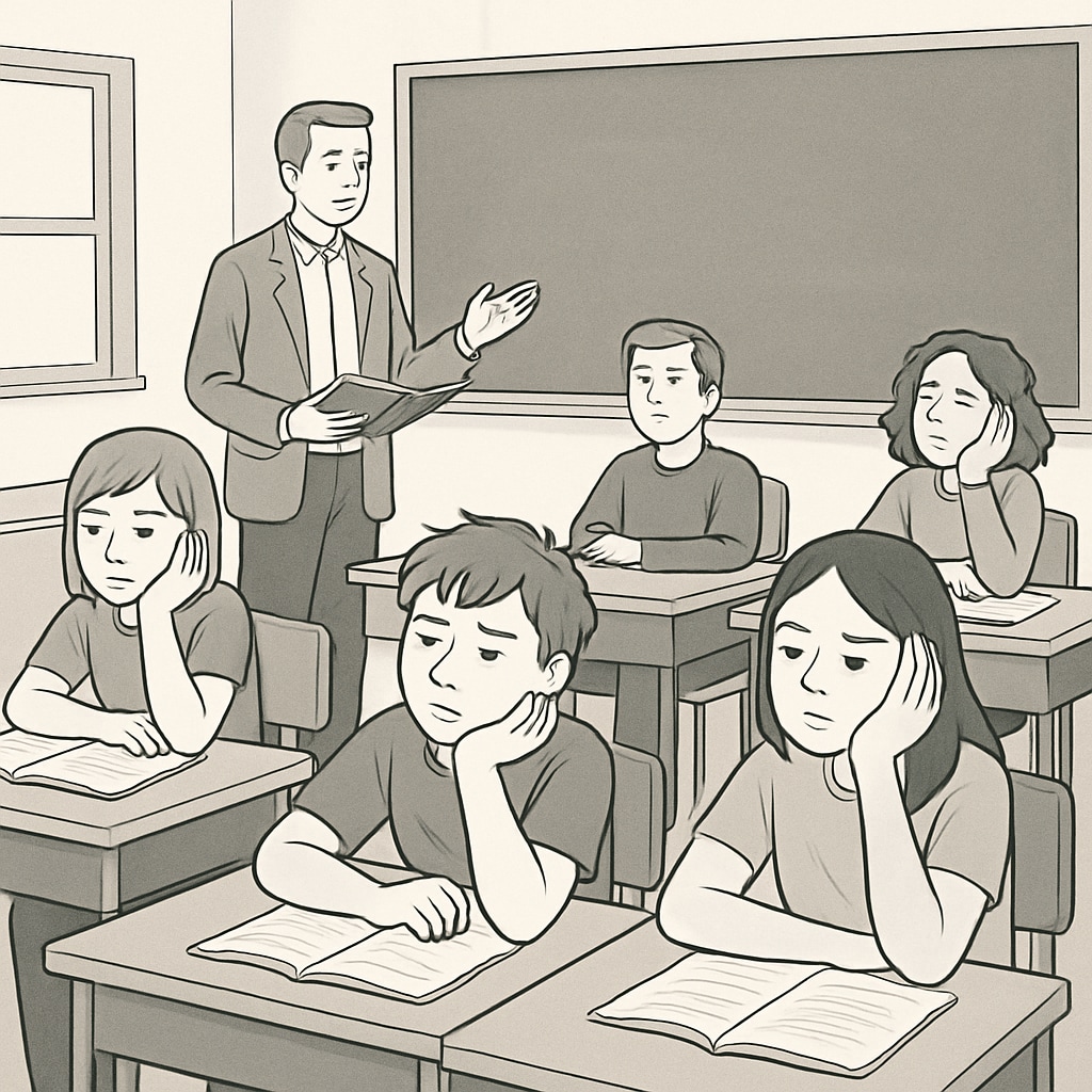 Students appearing bored in a classroom setting, highlighting disengagement.