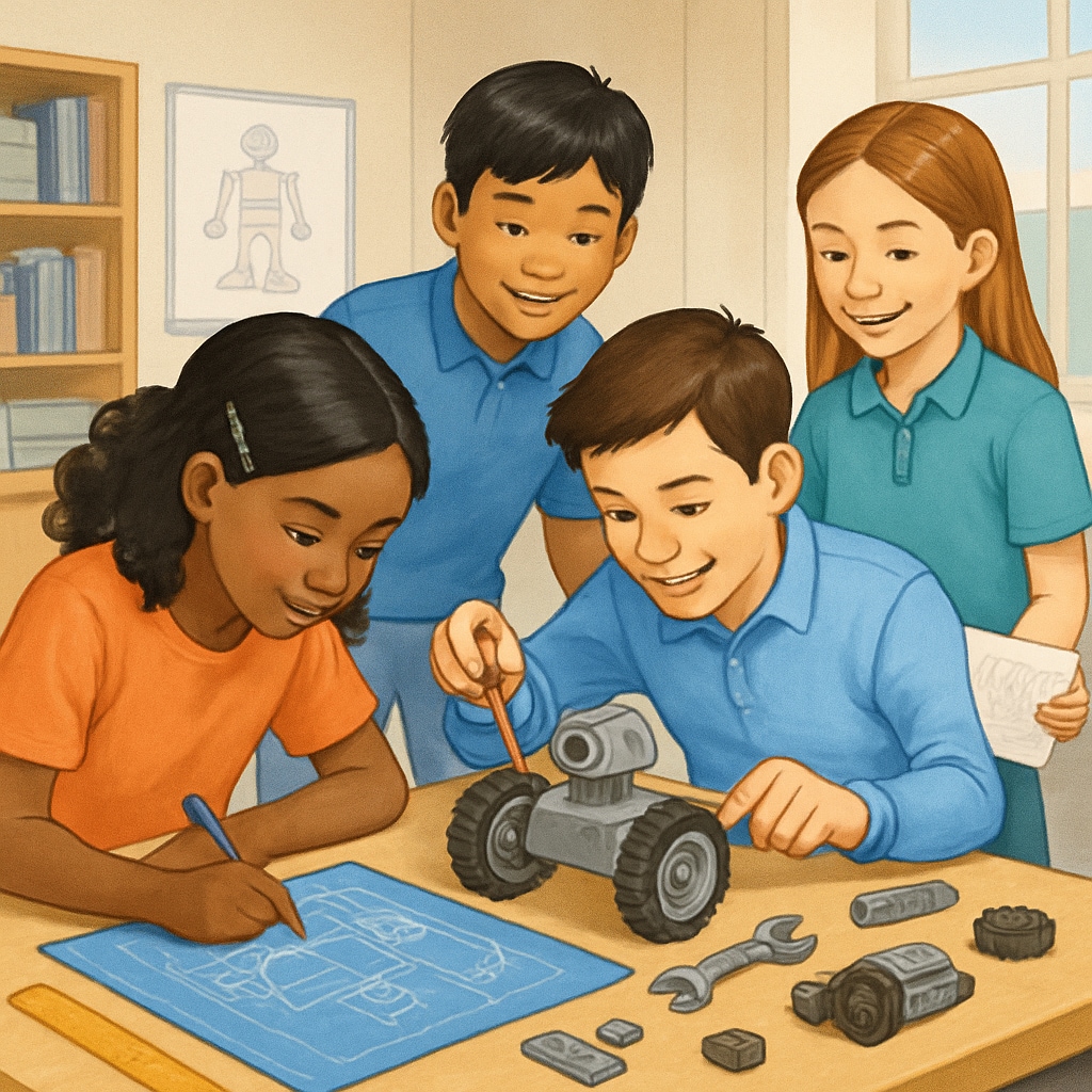 K12 students collaborating on robotics design, showcasing STEM integration.