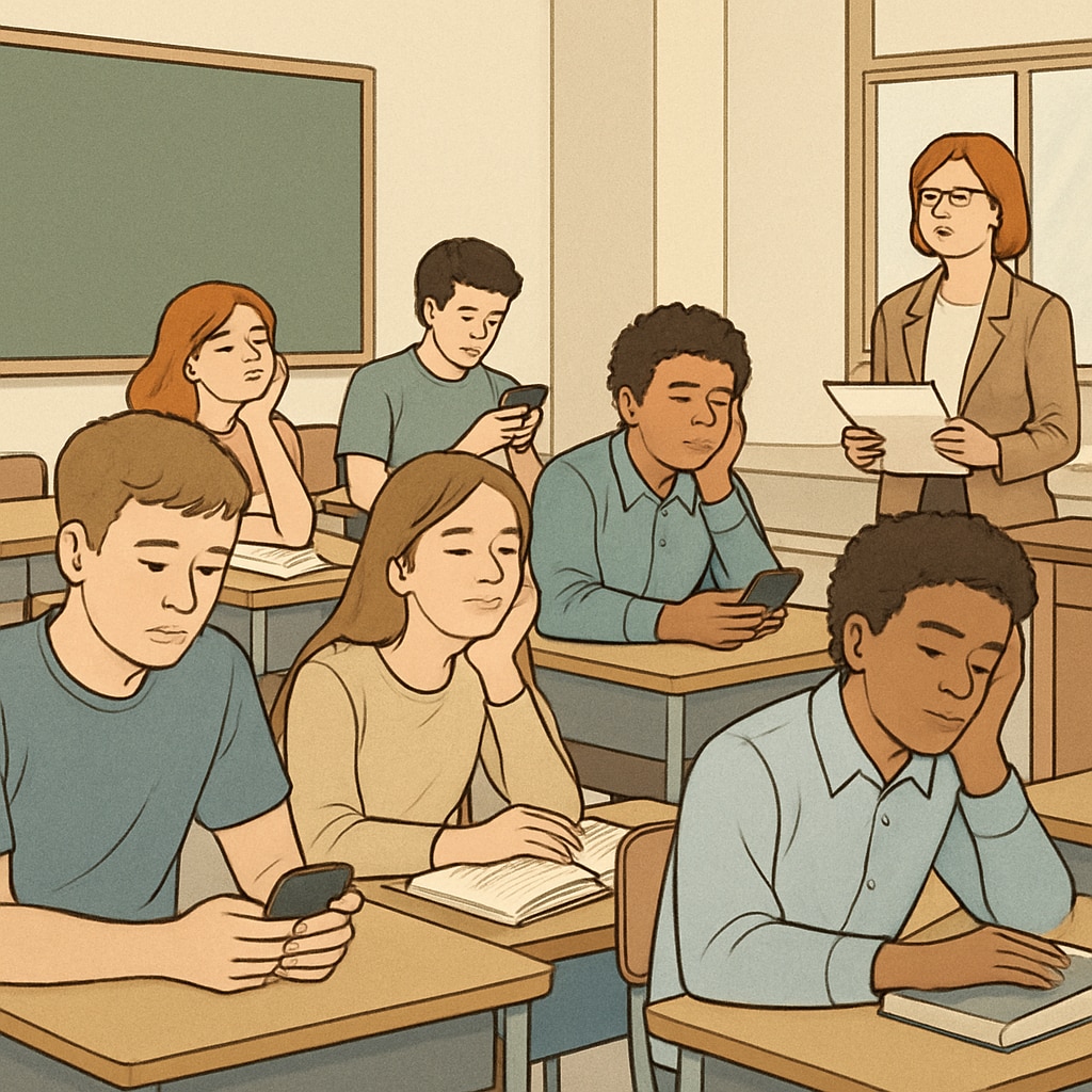 Students in a classroom appearing disengaged and bored.