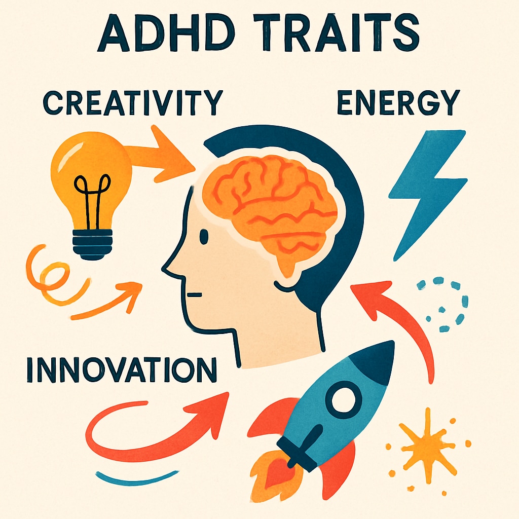 Diagram illustrating ADHD traits like creativity and innovation in education contexts.