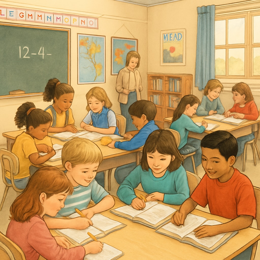 Elementary students using language textbooks in a collaborative classroom setting.