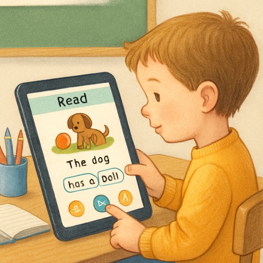Child using an Android reading app designed for young learners.