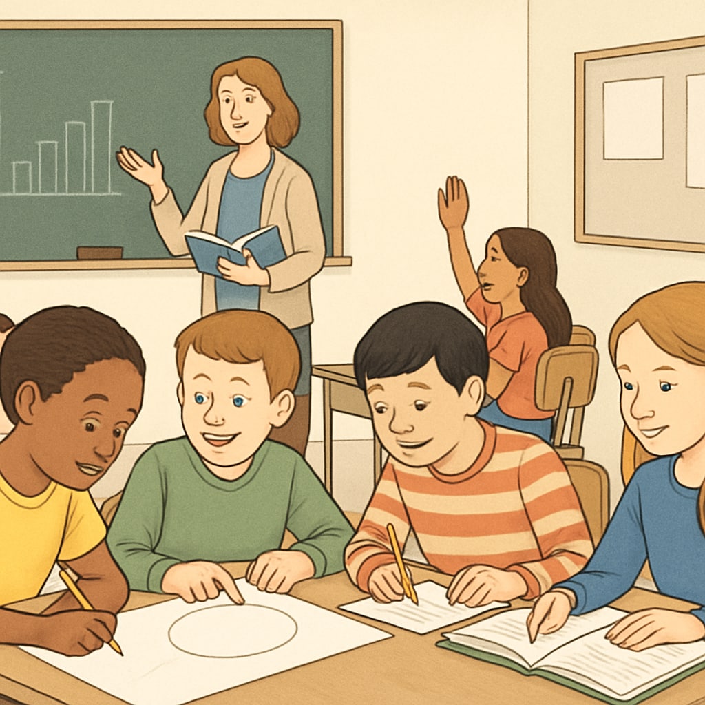 A classroom setting with diverse students engaged in collaborative learning activities, fostering teamwork and creativity. Students collaborating in a classroom, emphasizing holistic education and real-time learning tracking.