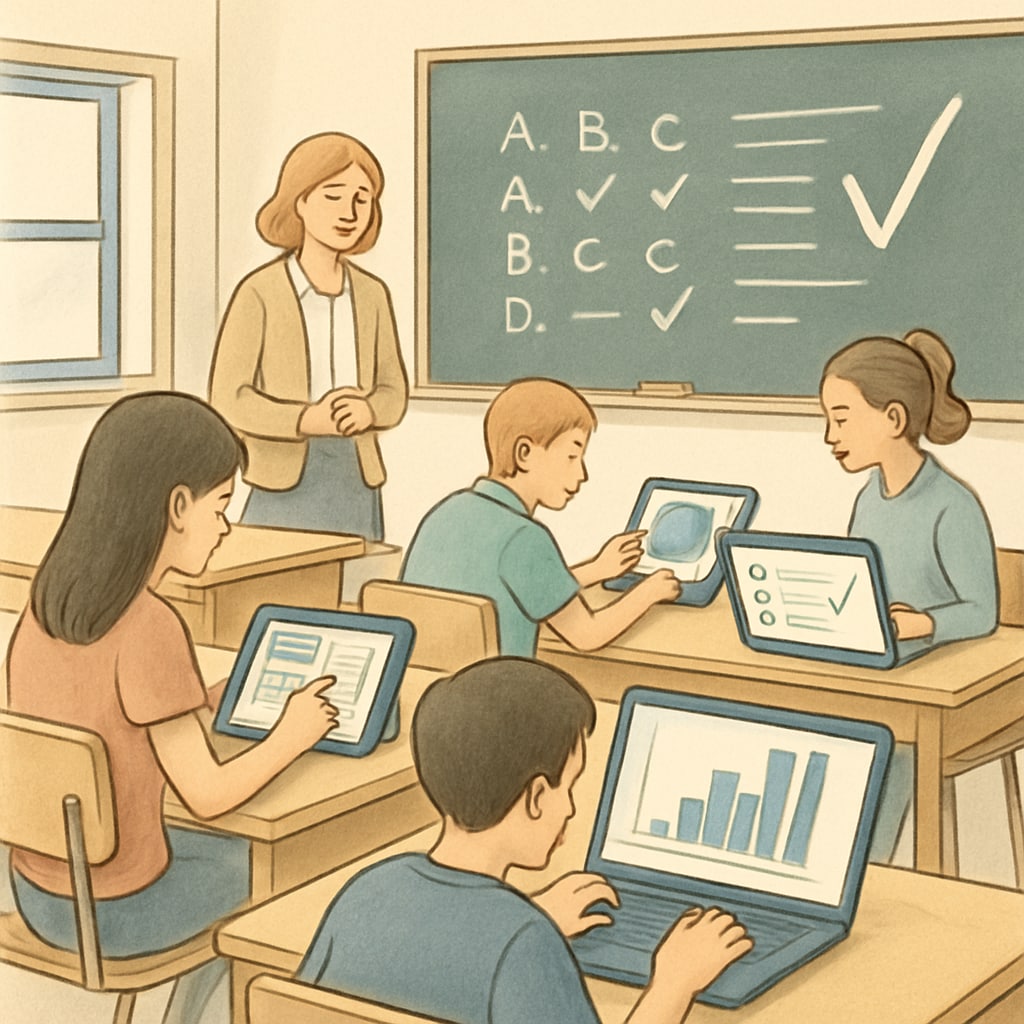 A classroom with students using digital tools for interactive learning. The image highlights the role of technology in modern assessment methods. Students using digital tools for real-time tracking of learning outcomes.