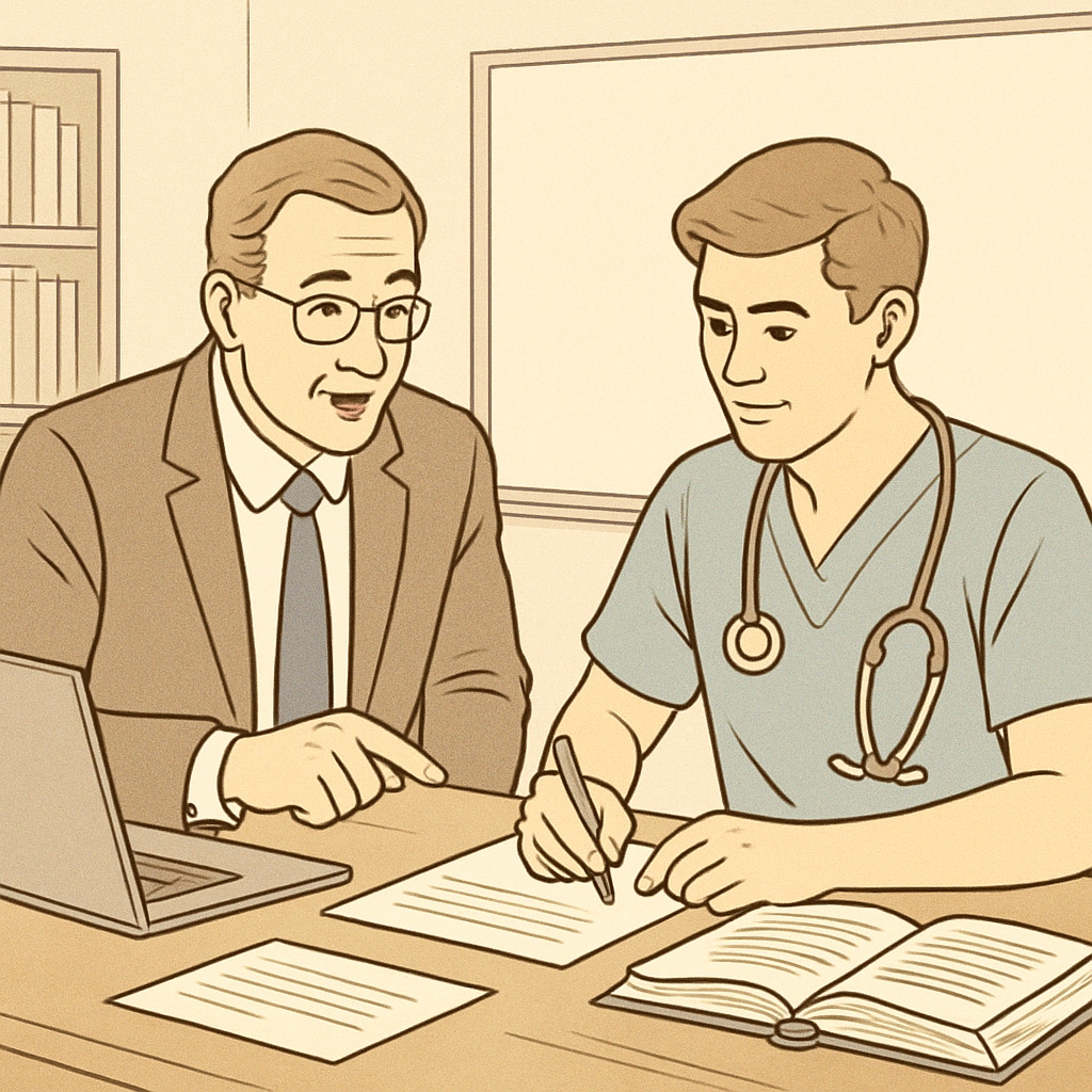 A mentor guiding a student in preparing questions for a medical career interview. A mentor helping a student prepare for a medical career interview.