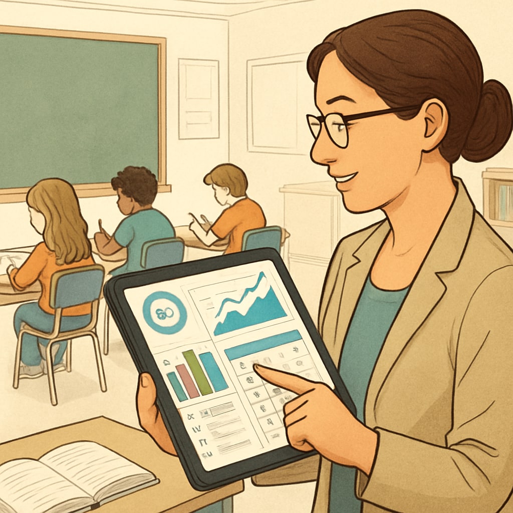 An educator using technology to track student progress in real-time, highlighting the benefits of digital tools in learning assessment. A teacher using a digital platform to monitor real-time student progress.
