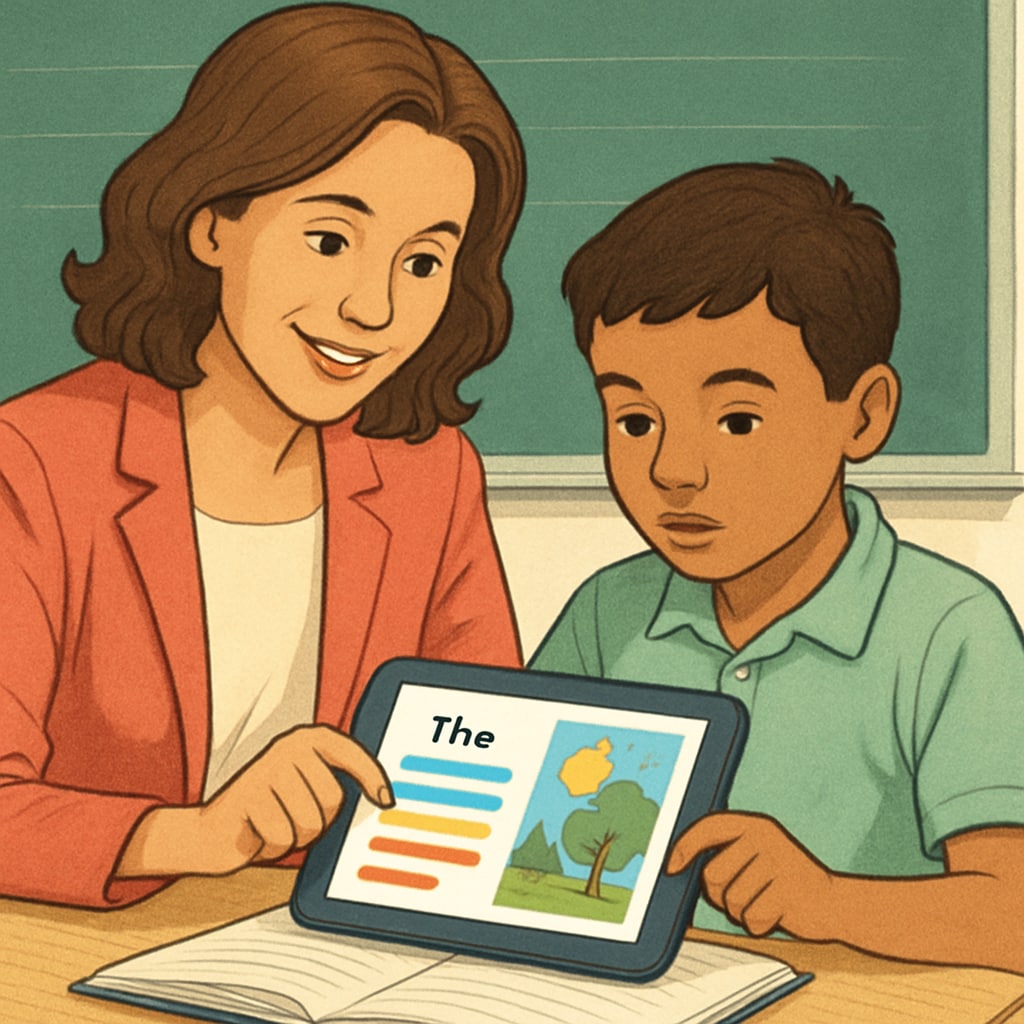 Teacher and student exploring an Android reading app in a classroom setting.