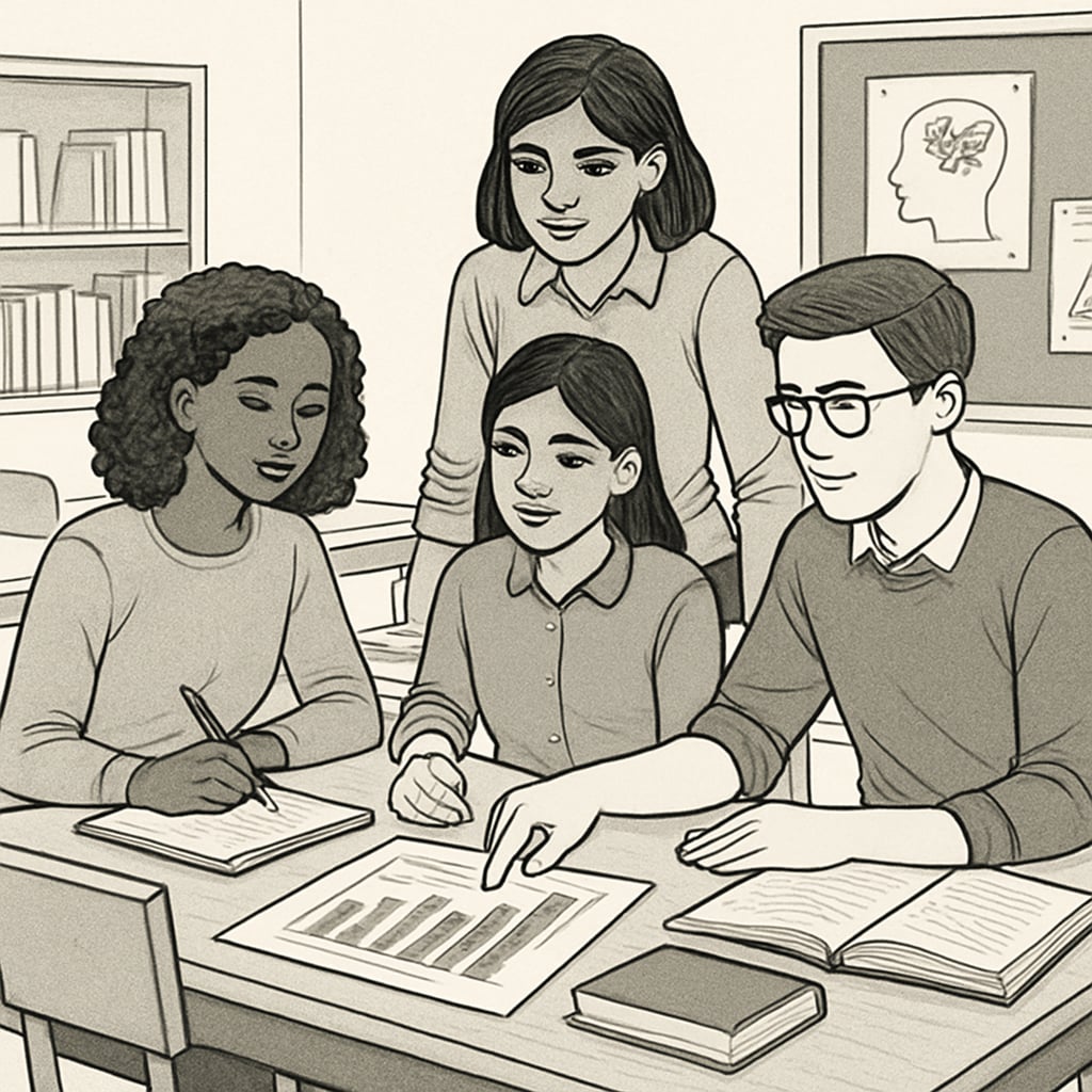 Students collaborating on a group project in a classroom setting. The image illustrates the importance of multi-dimensional assessments. Students working together on a project to demonstrate holistic learning outcomes.