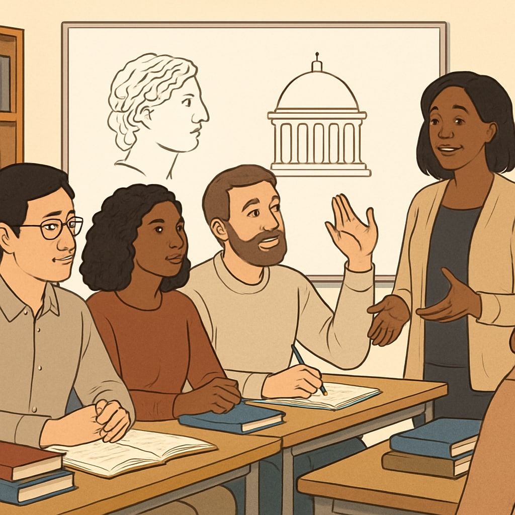 Adult learners discussing history and culture in a classroom setting.