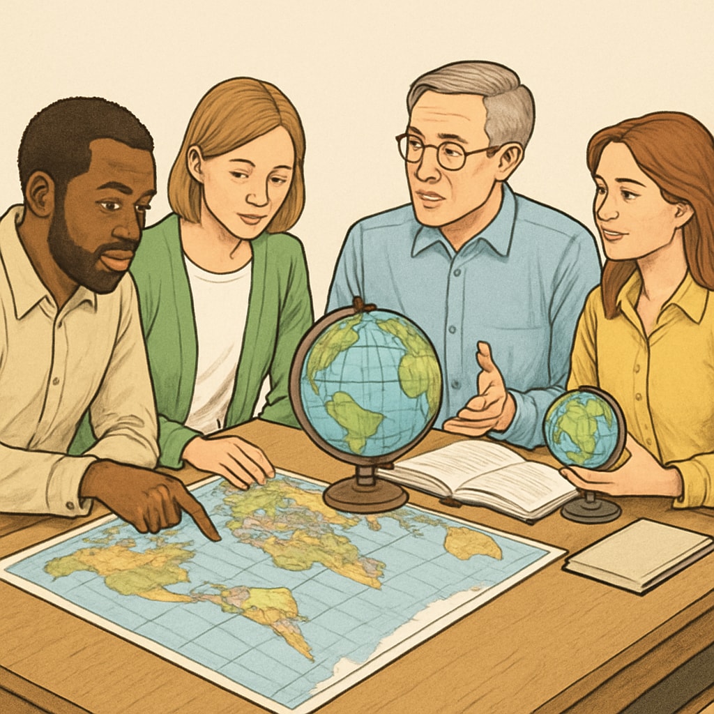 Adult learners studying geography with maps and globes during a workshop.