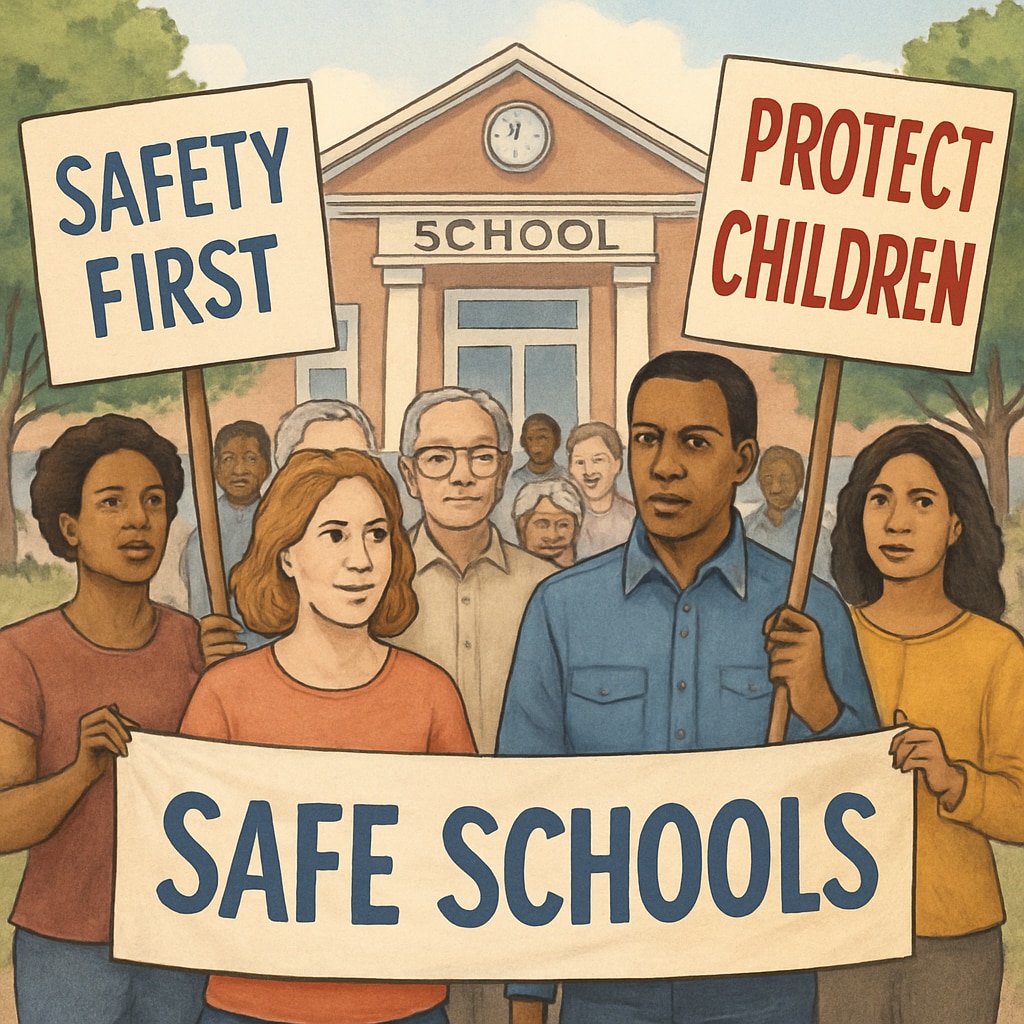 Community members rally for safer schools and ethical governance.