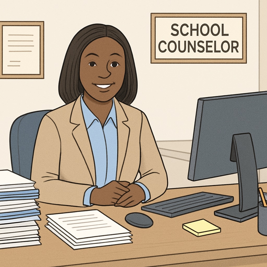 A busy school counselor working at their desk, illustrating the workload challenges in school counseling.