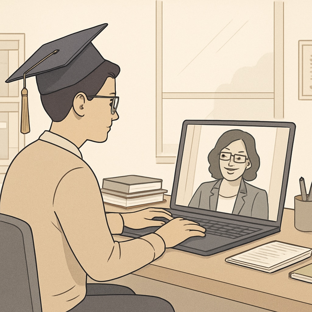 A graduate student conducting a virtual interview, showcasing an accessible method for connecting with school counselors.