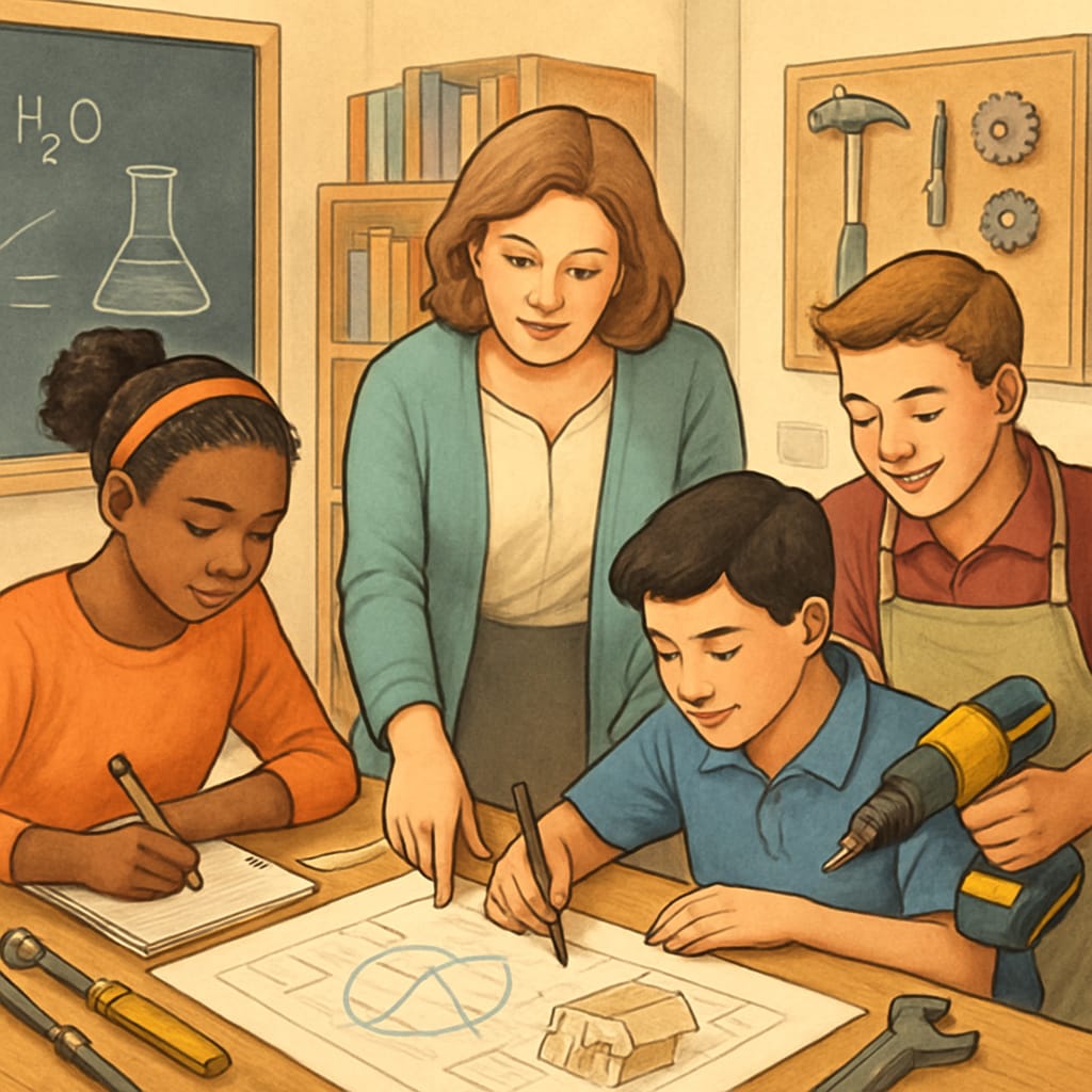 Teachers guiding students in a project-based learning activity that merges CTE with traditional education.