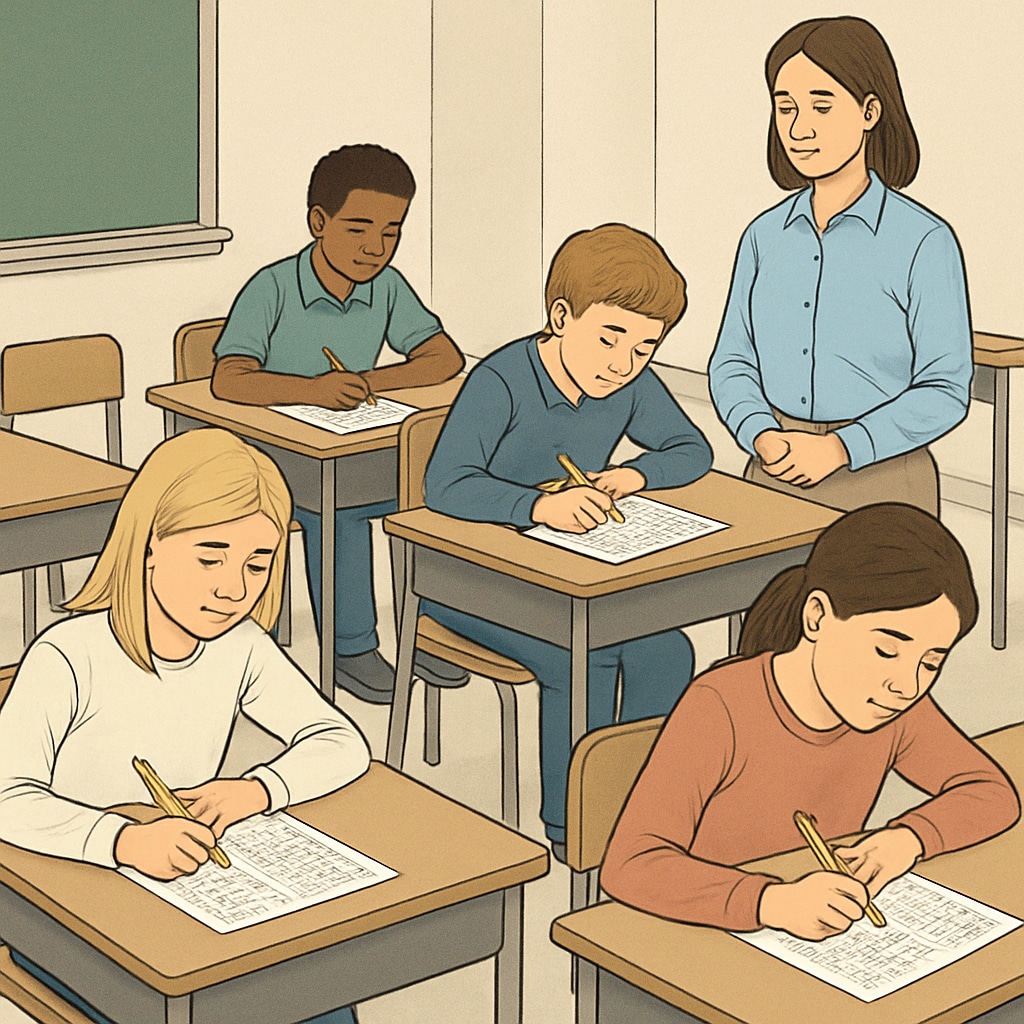 Students taking a standardized test, emphasizing reliance on exams for gifted program selection.