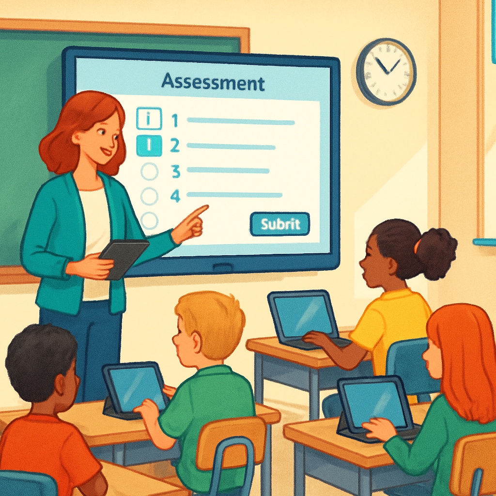 A teacher using a digital assessment platform in a classroom setting, emphasizing modern teaching tools. High-quality test resources used by a teacher for classroom assessments.