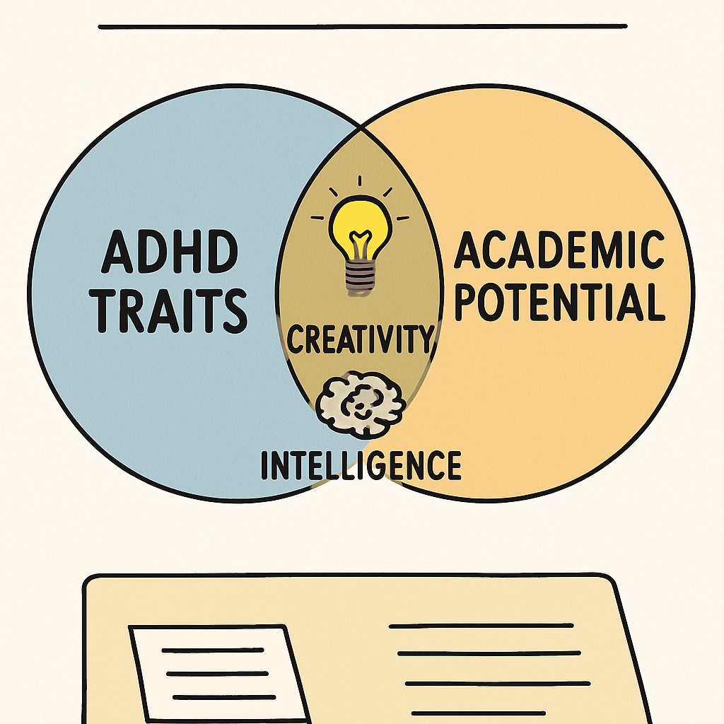 Conceptual graphic showing overlap between ADHD traits and academic potential.
