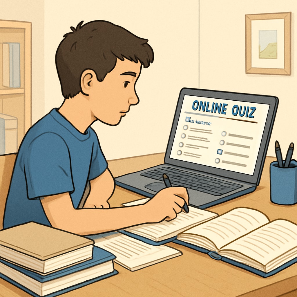 A student working on an online quiz at home, showcasing accessibility and ease of use for remote learning. A student accessing high-quality test resources online for learning and assessment.